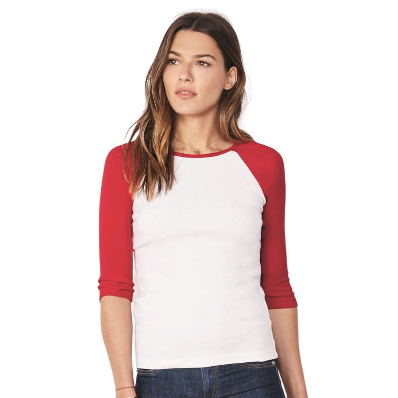 BELLA + CANVAS Women’s 1X1 Baby Rib Raglan Three-Quarter Sleeve Tee